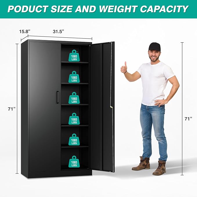 Metal Storage Cabinet with Lock and 5 Adjustable Shelves,Lockable Garage Storage Cabinet,71" Black Steel File Cabinets with Locking Doors,Tool Cabinets for Home,Office,Garage