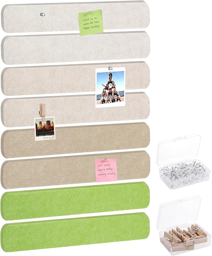 8 Pack Felt Bulletin Board Strips, 13x2 Inch Pin Board, Cork Boards | Self Adhesive, Includes 50 Pushpins and 10 Wooden Clips Push Pins, for Walls Home School Office Decor (Natural Earth Tones)