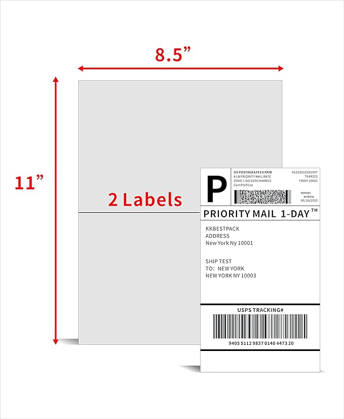 Half Sheet Shipping Labels for Laser and Inkjet Printers – 2 Per Page Self Adhesive Mailing Labels for Packages – White 8.5 x 5.5 Postage Labels for Shipping Boxes (2000 Labels) (KK2LP)