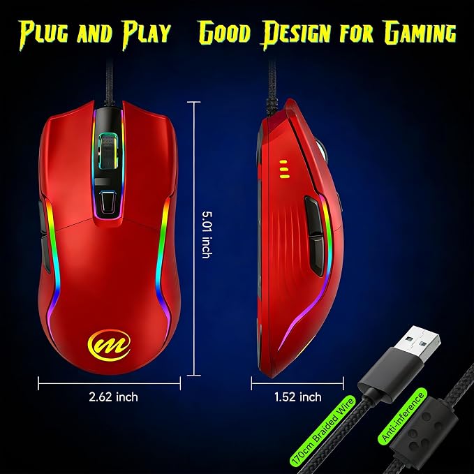 memzuoix Wired Gaming Mouse with RGB - 6 Adjustable DPI up to 12800, 6 Buttons, 12 Lighting Modes, Ergonomic Design with Anti-Slip Rubber Wheel, 5.6ft Braided Cable for PC/Mac/Windows - Red