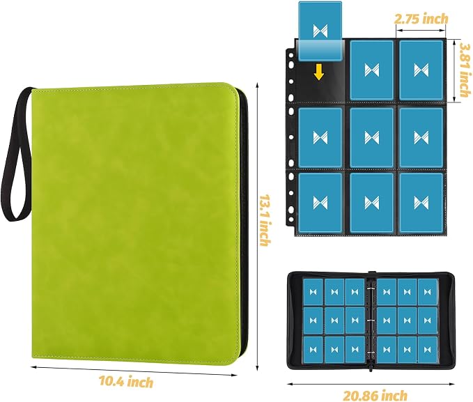 GERMUN 3 Ring 9 Pocket Zipper Card Binder, 720 Double Sided Standard PU Trading Card Album Folder for TCG & Sports Cards, Not Fit Top Loaders (Grass Green)