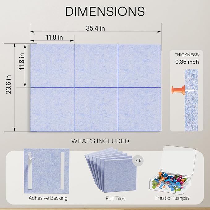 MaxGear Felt Bulletin Board 36" x 24", Light Blue Felt Wall Tiles Push Pins | Cork Board For Walls Alternative, 6 Pack 11.8" x 11.8" Wall Panels, Pin Board Custom Layout Design, Office Decor Home Decor