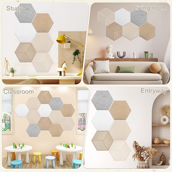 Hexagon Cork Board 12pcs with 110 Push Pins,Bulletin Board Decorative for Tiles Walls Office Room Decor Felt Vision CorkBoards for Home Pictures Photos Notes 12'' Hex