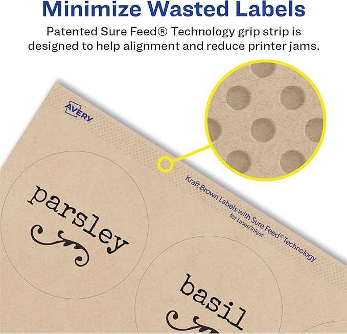 Avery Kraft Brown Round Labels with Sure Feed Technology, 2.5" Diameter, Print to the Edge, Laser/Inkjet Printable Labels, 225 Total (22808)