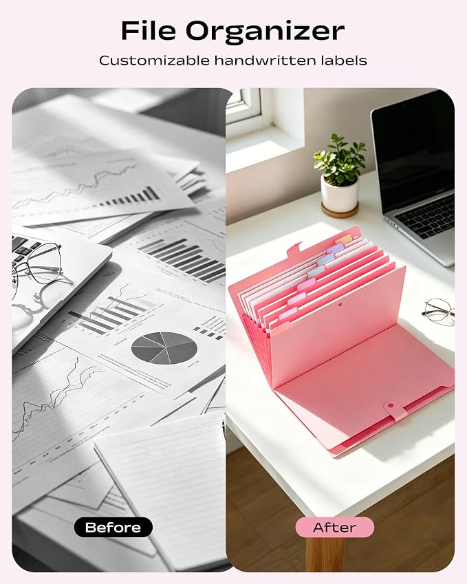 2 Pack Accordion File Organizer, 8 Pockets Expanding File Folder with Labels, Portable Document Paper Receipt Organizer for School Office Hospital, Letter/A4 Size Pink