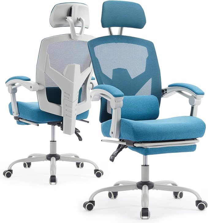 Ergonomic Office Chair with Footrest, Computer Gaming Chair | Adjustable Headrest, Lumbar Support, Swivel Reclining, Padded Armrest, Mesh High Back, Home Desk Work Study, Blue