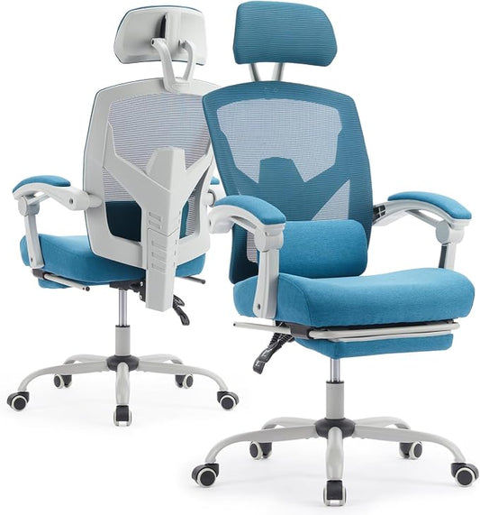 Ergonomic Office Chair with Footrest, Computer Gaming Chair | Adjustable Headrest, Lumbar Support, Swivel Reclining, Padded Armrest, Mesh High Back, Home Desk Work Study, Blue