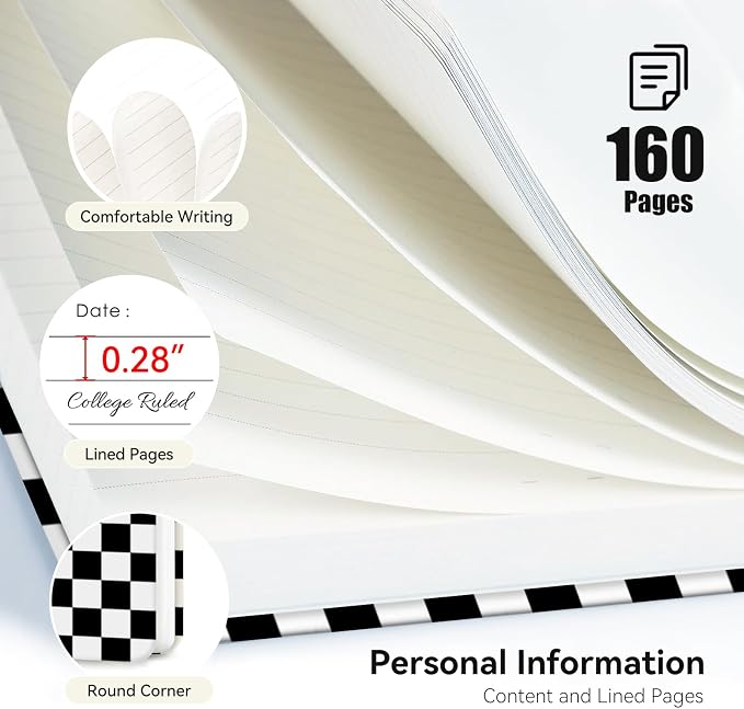 Lined Spiral Journal Notebook for Work,160 Pages,Black and White Checkered | A5 College Ruled Spiral Journal for Women, Hardcover with Elegant Design for Note-Taking, 5.5 * 8.25 inch