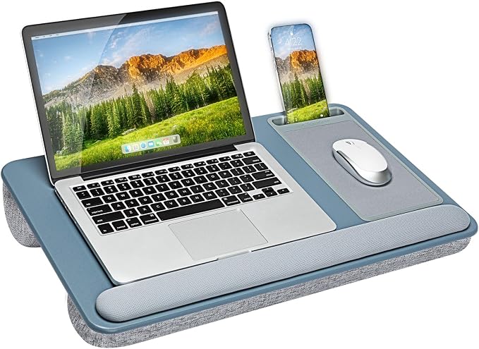 LAPGEAR Home Office Pro Lap Desk - Slate Blue, Fits 15.6” Laptops | Built-In Mouse Pad & Phone Slot, Wide Cushioned Wrist Rest, Dual-Bolster Microbead Cushion, Carry Handle