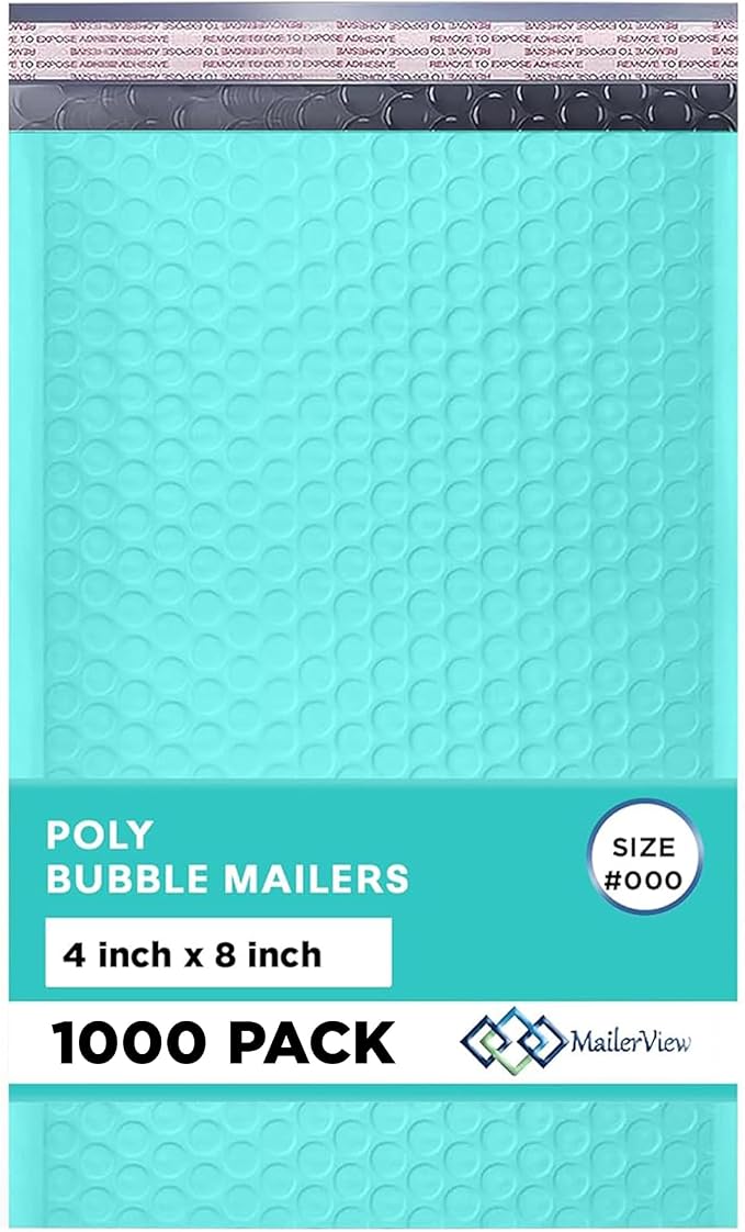 Teal Bubble Mailers 4x8, Poly Padded Envelopes #000, 1000 Pack Bulk | Fits Trading & Sports Cards, Self-Seal Closure, Cushioned Protection, Water-Resistant Poly, Bulk Pack for Small Business