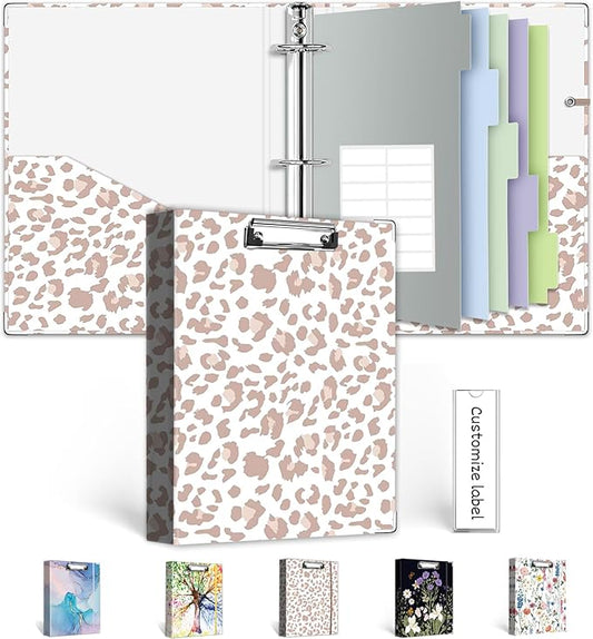 Mini 3 Ring Binder 1 Inch for 5.5"x8.5" Paper, Cute Small Three Ring Binders with Clipboard,5-Tab Dividers, Interior Pocket, Spine ID Label Holder, BVSSX A5 Binder with Pen Holder,Leopard
