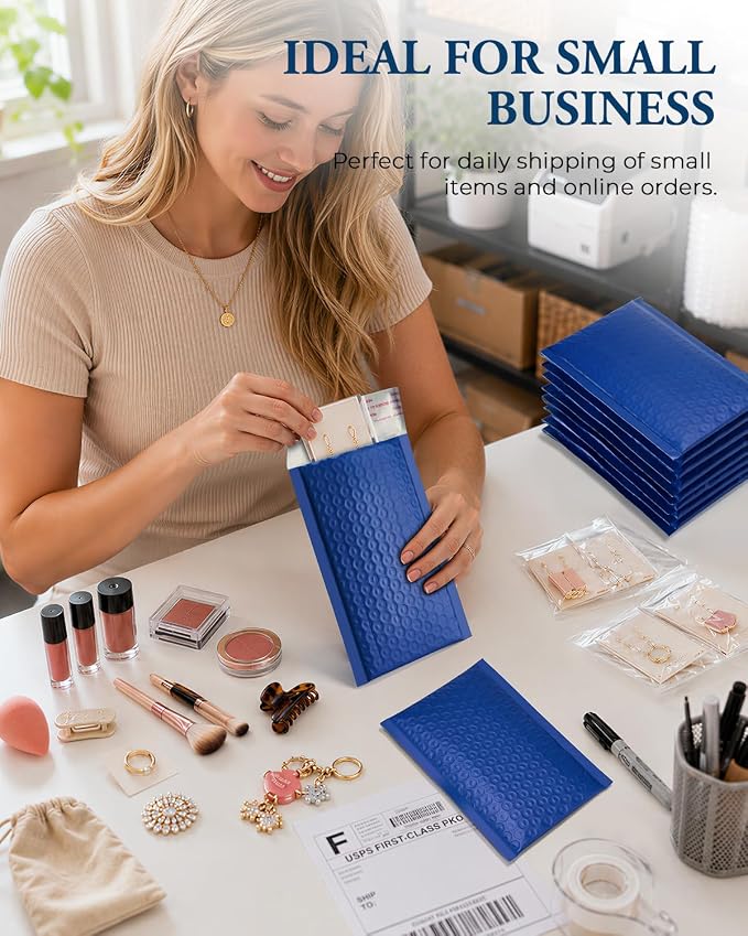 GSSUSA Blue Bubble Mailers 4x8 100 Pack, Self Seal Padded Envelopes | Usable Size 4x7, Waterproof, Opaque, #000, Mailing Bags For Cards, Jewelry, Gifts, Trading Cards, Small Business Packaging