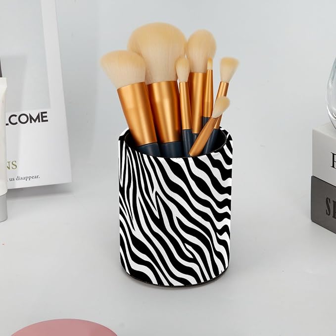 Leather Pen Holder for Desk, Zebra Print Pencil Cup Pen Organizer Makeup Brush Holder for Office Home Kids Countertop Desk Accessory Storage