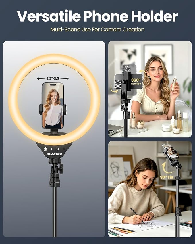 UBeesize 12" LED Ring Light with 62" Tripod Stand, Phone Holder & Remote | Dimmable Selfie Light for Video Recording, Live Streaming, TikTok, YouTube, Makeup, Compatible with iPhone & Android (Black)