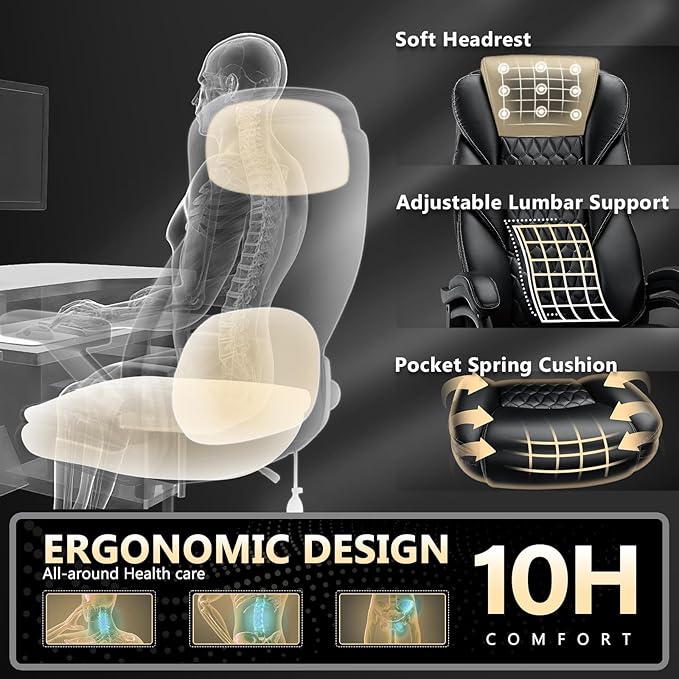 600lbs Big and Tall Office Chair with Pocket Spring Cushion, Heavy Duty Office Chair for Low Back Pain Relief, Large Executive Office Chair with Dual Rubber Wheel