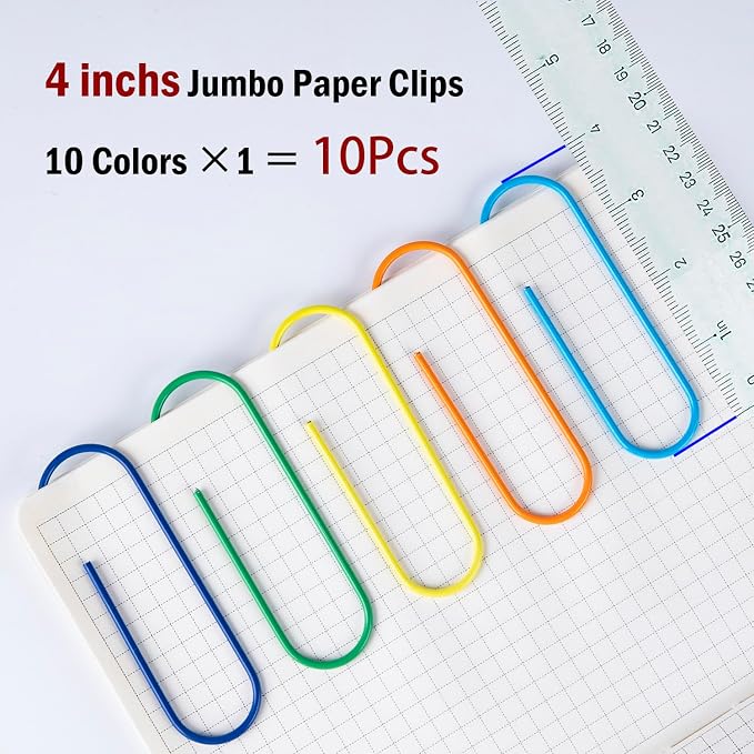 Jumbo Paper Clips, 4 Inches 10 Pcs Large Paper Clip Holder - Vinyl Coated Multicolored Extra Large mega Paperclips for Office School Document organizing