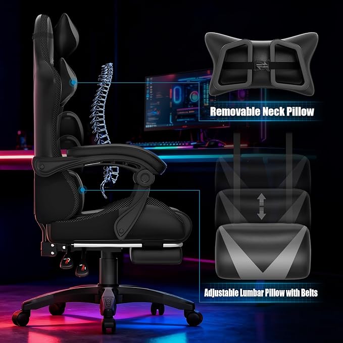 Gaming Chair, RGB LED Lights Computer Chair with Footrest, Lumbar Support Massager Gamer Chair, High Back, 90-135° Reclining, Linkage Armrests, Gray