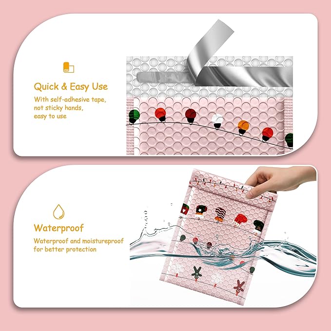 JinRuiKJ Christmas Bubble Mailers 4x8" 50 Pack, Padded Envelopes, Strong Adhesion Padded Mailers, Cushioning Padded Shipping Envelopes for Jewelry, Makeup - Christmas Lights