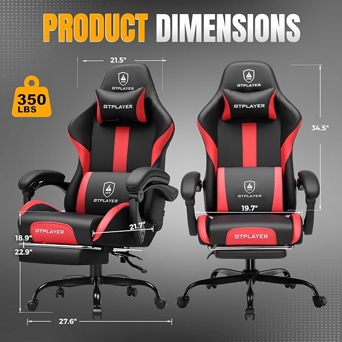 GTPLAYER Gaming Chair with Foot Rest & Pocket Spring Cushion, Ergonomic High Back Computer Chair with Headrest & 360°-Swivel Seat for Home Office Desk, PU Leather, Red