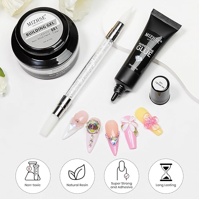 MIZHSE 30g 3D Gel Nail Art Sculpting Gel and 15g Rhinestone Glue, Clear Solid Builder Gel for Nails Hard Nail Builder Gel 3D Molding Gels Non-Sticky U V LED Nails Charm Glue 3D Art Salon Home DIY