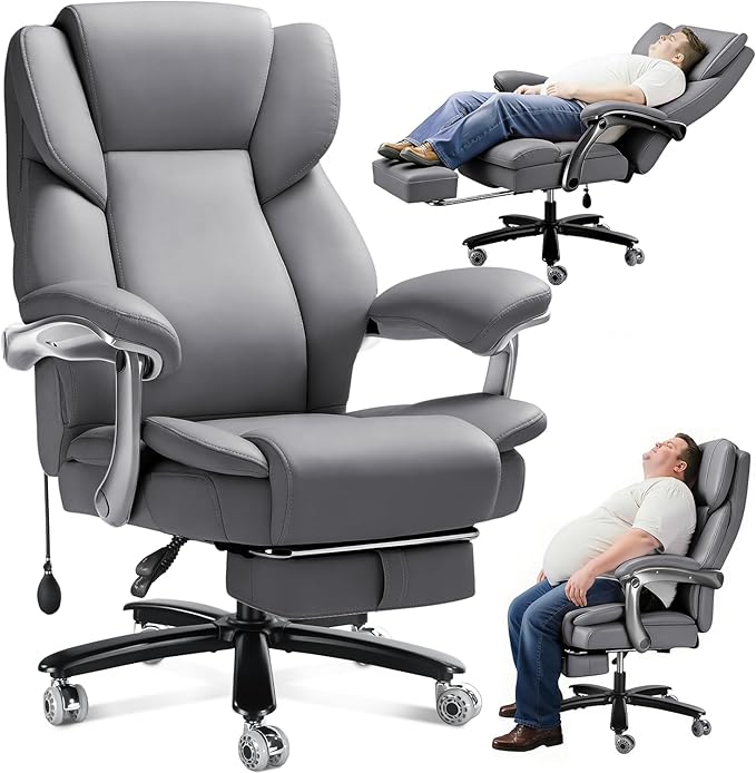 600lbs Big and Tall Office Chair for Heavy People,Heavy Duty Comfy Executive Office Desk Chair with Adjustable Lumbar Support,High Back Reclining PU Leather Computer Chair (Classic, Grey)