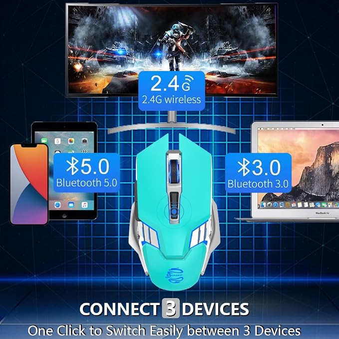 3-Mode RGB Silent Rechargeable Wireless Gaming Mouse Green | BT5.0/BT3.0+2.4G connection, RGB backlight & quiet click, for gaming office, compatible with Laptop, PC, Mac, iPad & Tablet