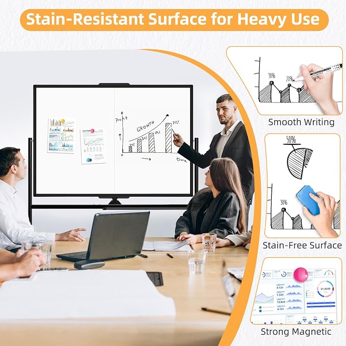 Rolling Dry Erase Whiteboard Stand, 48" x 36" White Board on Wheels Black | Double-Sided Reversible, 4 x 3 ft, Mobile Standing Whiteboards, Portable Magnetic Board, for Office School Home
