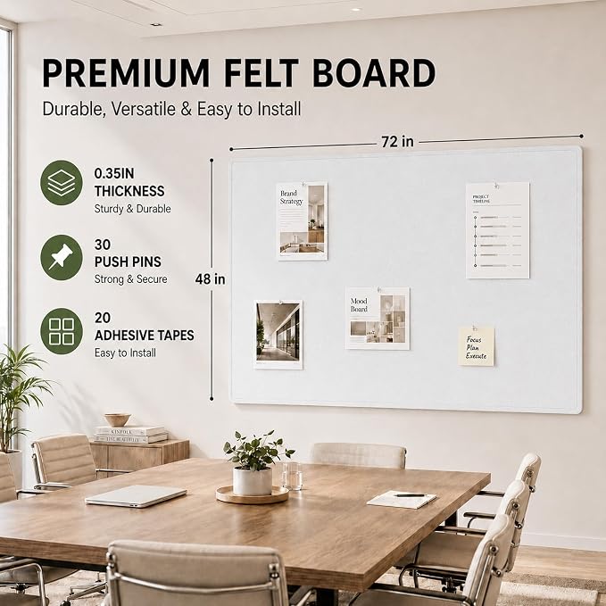72 x 48 Inch White Felt Bulletin Board for Wall, Frameless | Foldable 0.35-inch pin board with adhesive tape and push pins. cork alternative adhesive mounting frameless panel