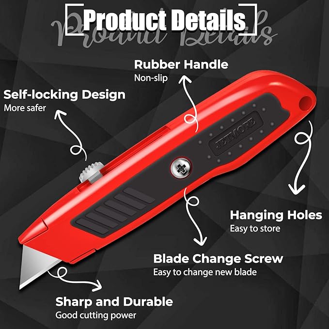 2 Pack Retractable Utility Knife with 10 Extra SK5 Blades, Heavy Duty Box Cutter with Aluminum Alloy Body, Sharp Razor Knife for Cardboard, Boxes, and Carpet