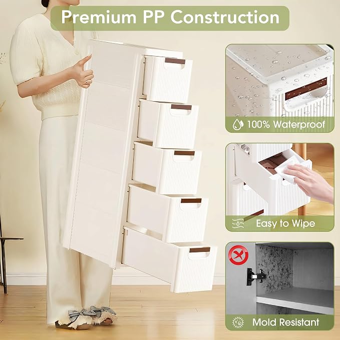 5 Drawers Narrow Bathroom Storage Cabinet, Slim Storage Cabinet, Plastic Slim Storage Cart Drawers for Small Spaces, Laundry, Office, Home, White