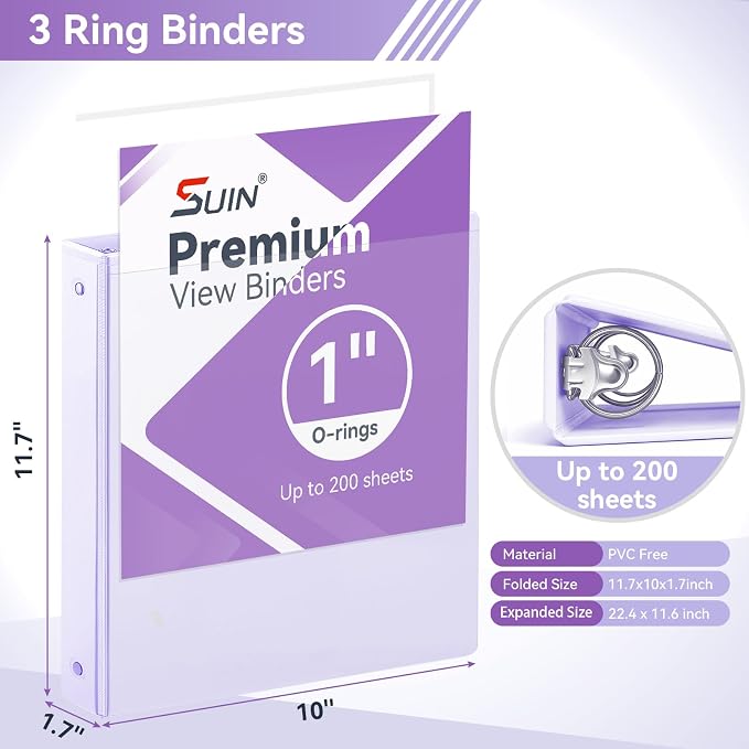 SUIN 1 Inch 3 Ring Binder, Clear 1'' View Presentation Binders with 2 Pockets, Fits 8.5 x 11 Letter Size, Durable Polypropylene, Non-Stick & PVC-Free for School, Office & Home (Pastel Purple)