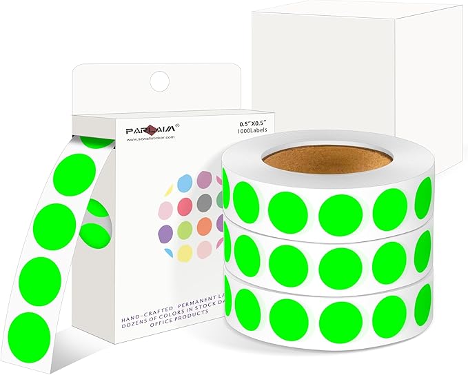 PARLAIM 4000 Pack Fluorescent Green Dot Stickers, 1/2 inch Round Circle Label 4 Rolls Permanent Adhesive Color-Code Sticker Labels in Dispenser Box
