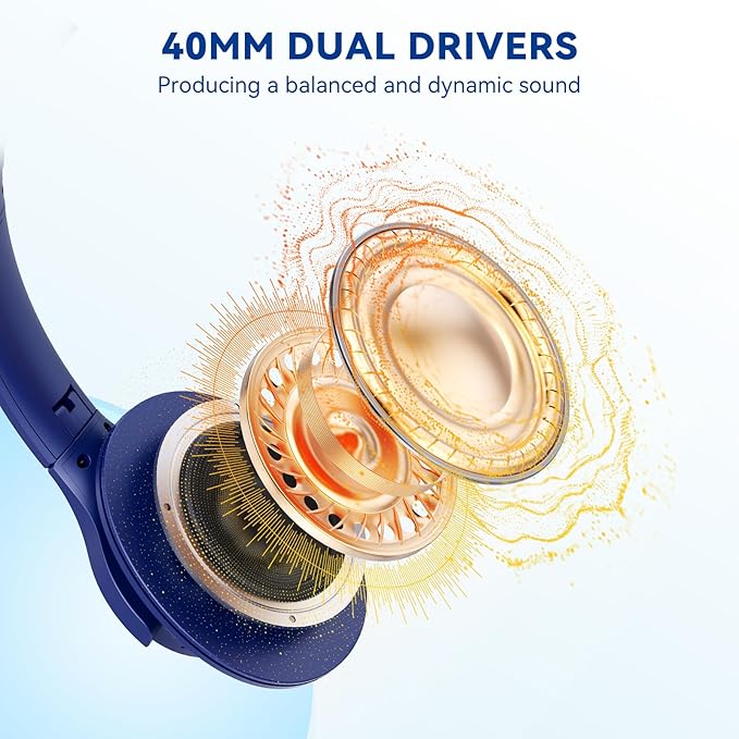 KVIDIO Bluetooth Headphones Wireless Over Ear Headsets 65H Playtime | Deep Bass, HiFi Stereo, Bluetooth 6.0, Microphone, Comfortable Fit, Foldable, Lightweight, Low Latency for Travel Home Office