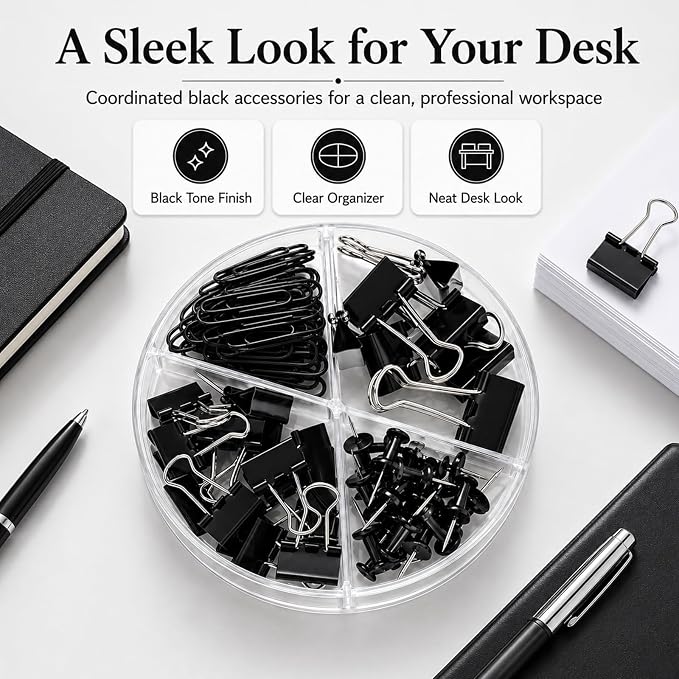 Paper Clips Binder Push Pin Set, Assorted Sized Binder Clips | Cute Office Supplies, Aesthetic Desk Accessories Teachers Desk Must Have, Paper Clips and Binder Clips Set, Black, 1 Pack