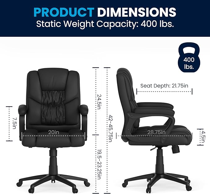 Flash Furniture Fundamentals Big & Tall Swivel LeatherSoft Office and Gaming Chair, Ergonomic Office Chair with Padded Armrests and Adjustable Height, Black