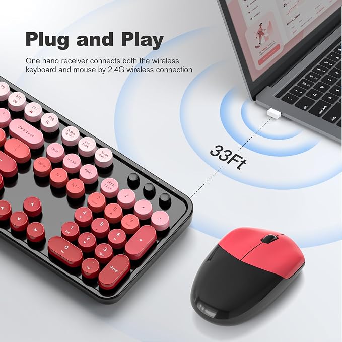 MOFII Wireless Keyboard and Mouse Combo, Retro Full Size Typewriter Keyboard with Number Pad and Sport Car Mouse for PC Computer Desktop Laptop Windows (Black Red Gradient)