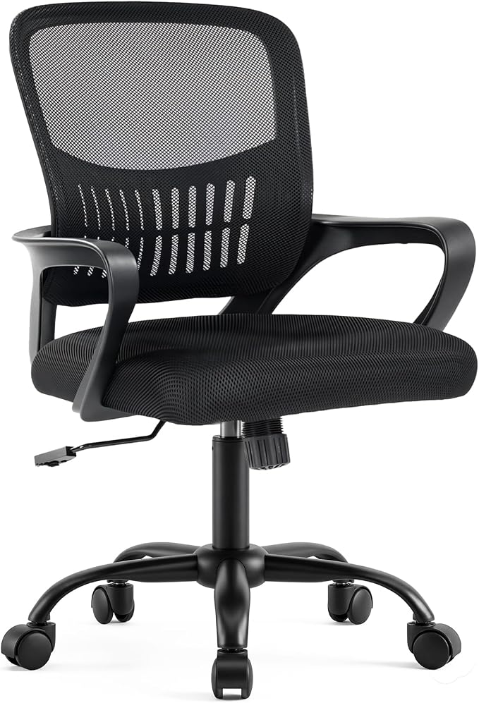 DUMOS Home Office Chair, Computer Desk Chair, Lumbar Support | Ergonomic Mid Back Mesh, Height Adjustable Fixed Armrest, Rocking Mode 360 Swivel, Computer Conference, Black