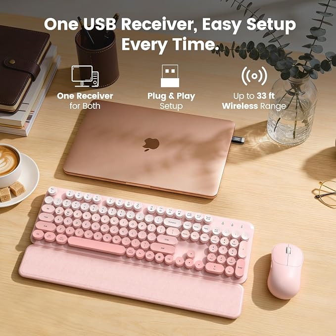 Wireless Keyboard and Mouse Combo, Magnetic Soft-Touch Wrist Rest, Pink | Round Keycaps, Full-Size Typewriter Style, 2.4GHz Cordless for MacOS, Windows PC, Laptop, Blush Pink Ombre, SABLUTE CK23 Plus