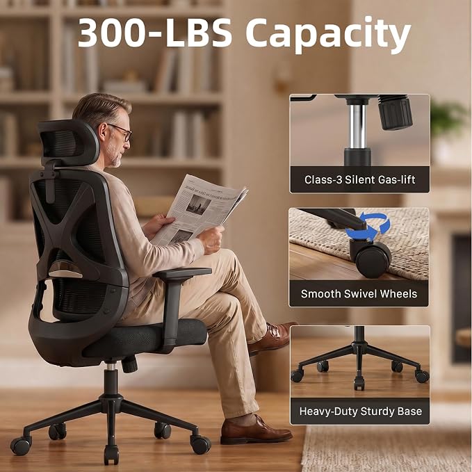 Mesh Ergonomic Office Chair with Lifting Armrests Home Office Desk Chair with Headrest and Backrest 90-150 Adjustable for Home, Office, Gaming, Student（Black）