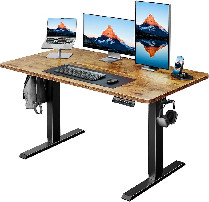 HUANUO 48x23 Inch Electric Standing Desk, Adjustable, Rustic Brown | 176 Lbs Capacity, Smooth Home Office Desk, 4 Memory Presets & Headphone Hooks, 28.3–46.5 Inch Height Range, Easy to assemble