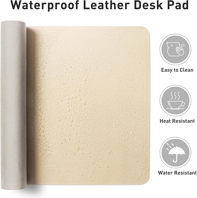 Aothia Faux Leather Desk Mat - Non-Slip PU Leather Desk Blotter, Waterproof Writing Surface, Large Desk Pad for Office & Home (Beige, 55" x 17")