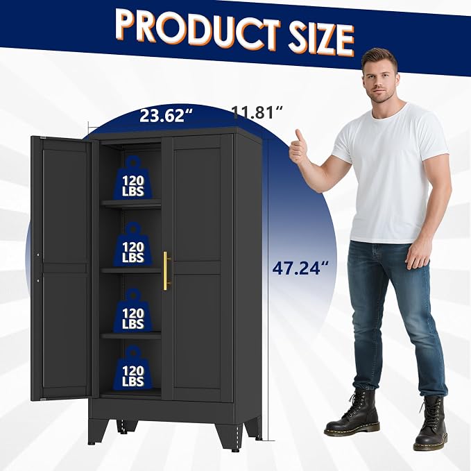 erosoei 47" H Metal Garage Storage Cabinet, Black Metal Pantry Cabinet with 2 Doors, Locker Steel Cabinet with 3 Adjustable Shelves, Freestanding Cupboard for Garage,Office,Home,Gym,School