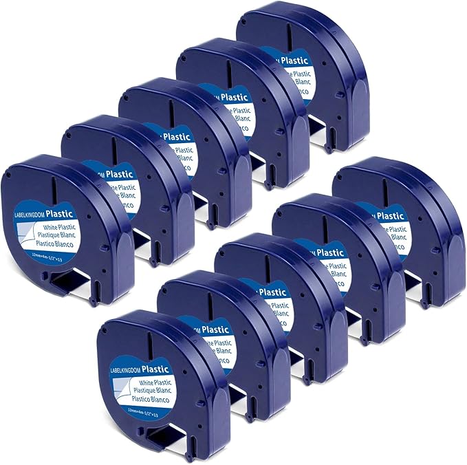 Label KINGDOM 10-Pack Compatible with Dymo Refills 91331 S0721660 Plastic Label Maker Tape Used for LT100H LT100T Plus QX50 200B, 1/2 Inch x 23 Feet, Black on White