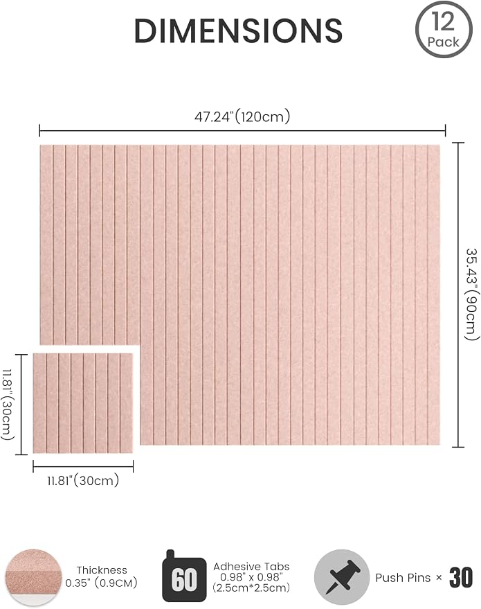 Bumusty 48"x 36" Large Felt Bulletin Board Tiles, Pink | 12-Pack Cork Board Alternative, Wall Decor, 30 Pushpins, 60 Adhesive Tabs, Vision Board, Office, Classroom, Home, Dorm