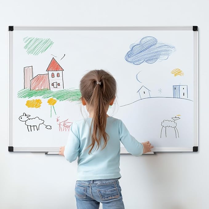 NEWBULIG White Board, 36" x 24" Magnetic Dry Erase Board for Wall with 1 Dry Eraser & 2 Multi-Color Markers & 4 Magnetic Pins, Silver Aluminum Frame for Office, Home, School, White