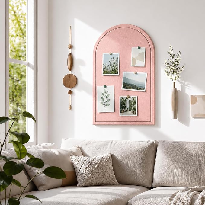 Large Arched Felt Bulletin Board, Sized 36" x 24" for Office & Wall Decor – 6 Customizable Adhesive Tiles with Pins are Perfect to Display Your Photos (Pink-B)