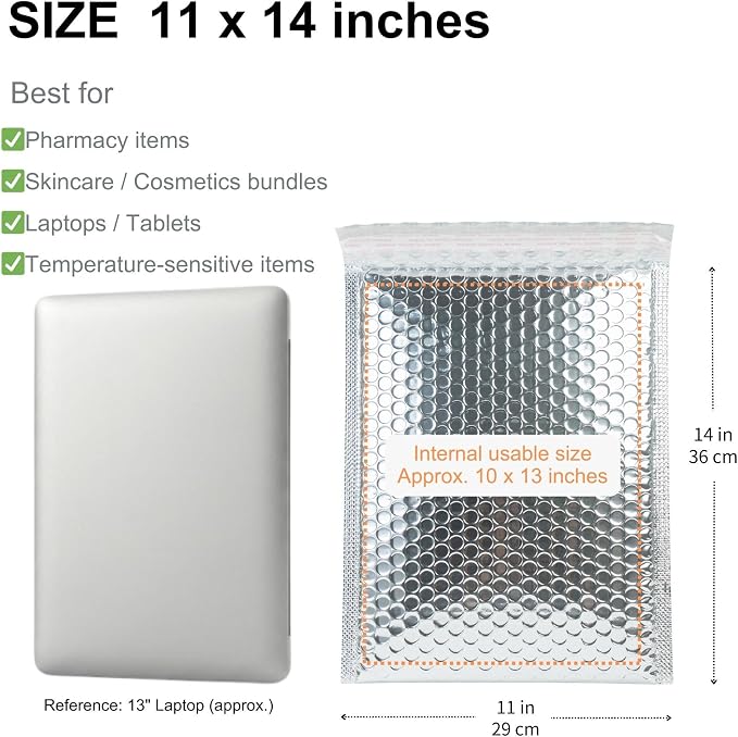 50 Pack 11x14 Inch Insulated Bubble Mailers for Cold Shipping, Silver Foil | Metallic Thermal Padded Shipping Bags with Self-seal Closure, Water-resistant and Protective Bubble Cushioning Envelopes