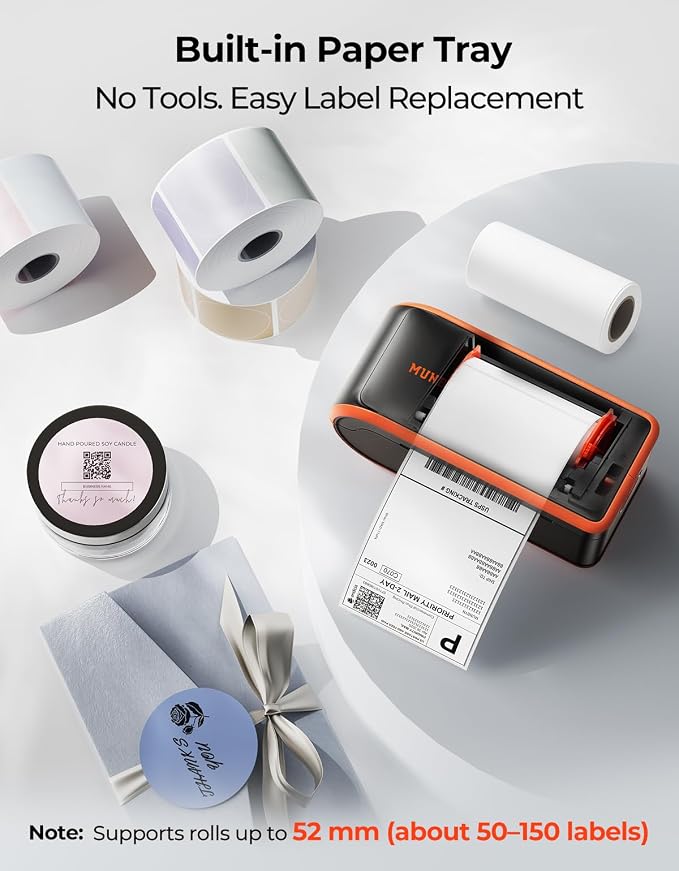 MUNBYN MC240 Bluetooth Thermal Label Printer, Portable Wireless 4×6 | Rechargeable battery, Bluetooth & USB connectivity, 4×6 label support, ink-free printing, built-in paper bin