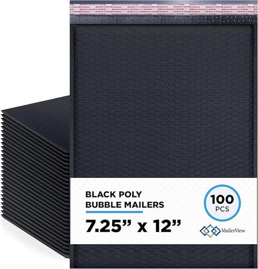 Black Poly Bubble Mailers 7.25x12 inch #1 | Self Seal Padded Envelopes | Cushioned Bubble Mailer | Usable Size 7.25x11 | WaterProof | Lightweight mailing Shipping Bags | 100 Pack Bulk | Made in USA