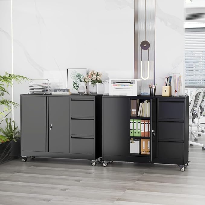 47"H 3 Drawer Rolling Metal File Cabinet,Lateral Filing Storage Cabinets,Office Cabinet with Adjustable Shelf & Wheels, Mobile Lockable File Folders for Hanging Files Letter/A4 Size,Livng Room,Black